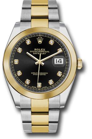 Replica Rolex Steel and Yellow Gold Rolesor Datejust 41 Watch 126303 Smooth Bezel Black Diamond Dial Oyster Bracelet